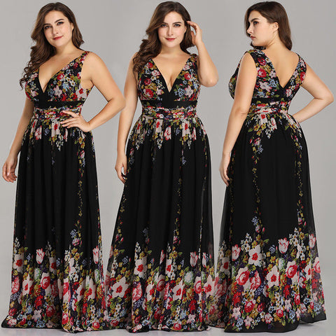 Pretty Extra Plus Size Formal V Shape Neckline Floral Cocktail Party Dresses