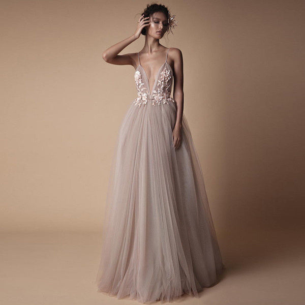Women Deep Vneck Spaghetti Strap Backless Applique Wedding Evening Party Dress