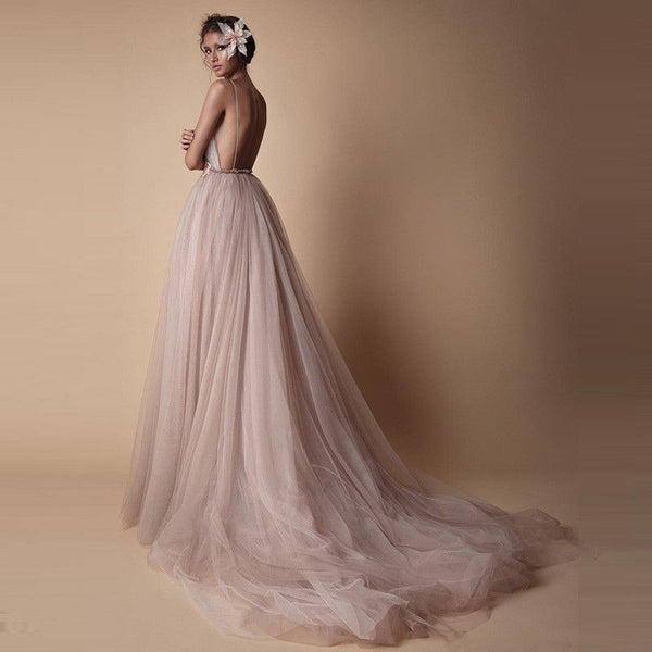 Women Deep Vneck Spaghetti Strap Backless Applique Wedding Evening Party Dress