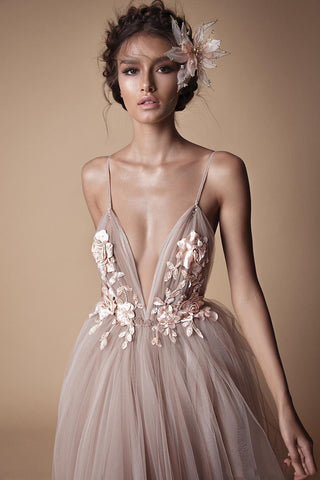 Women Deep Vneck Spaghetti Strap Backless Applique Wedding Evening Party Dress