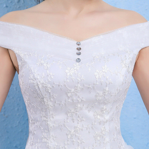White Wedding Dresses Bridal Ball Gowns Lace Princess Off Shoulder Sweep Dresses