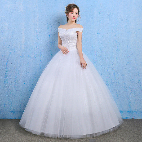 White Wedding Dresses Bridal Ball Gowns Lace Princess Off Shoulder Sweep Dresses