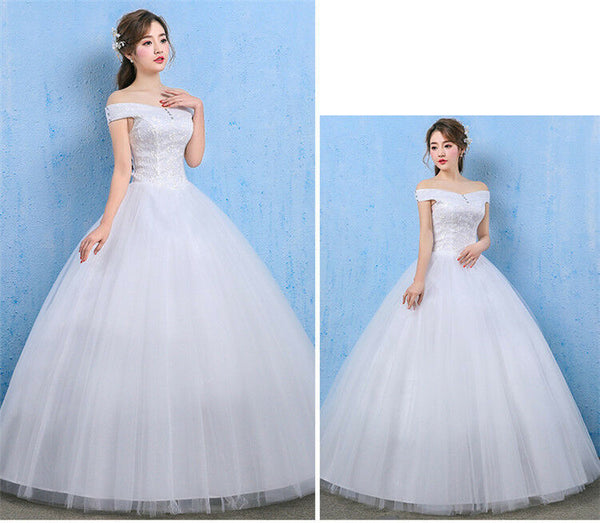 White Wedding Dresses Bridal Ball Gowns Lace Princess Off Shoulder Sweep Dresses