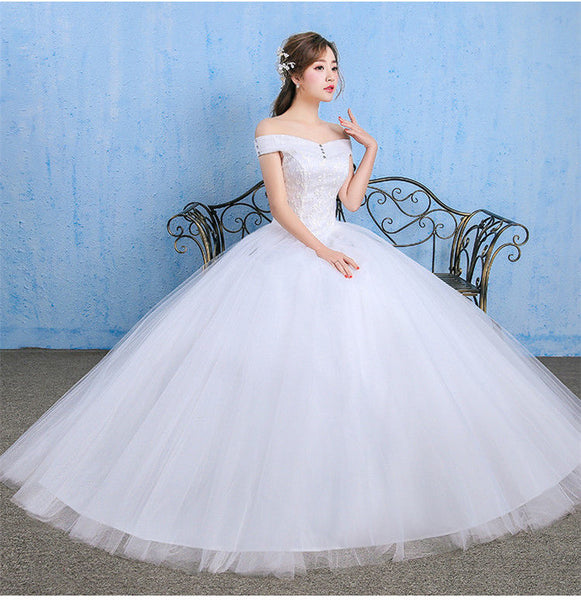 White Wedding Dresses Bridal Ball Gowns Lace Princess Off Shoulder Sweep Dresses