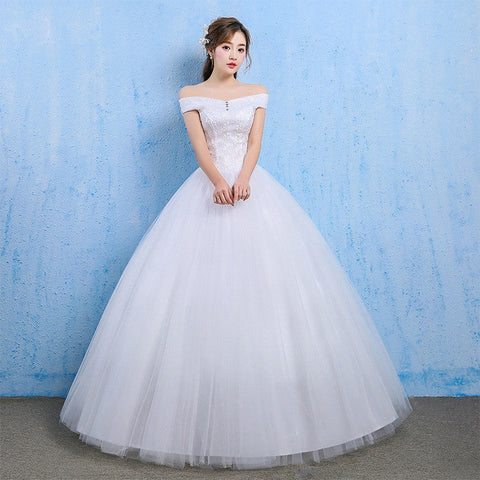 White Wedding Dresses Bridal Ball Gowns Lace Princess Off Shoulder Sweep Dresses