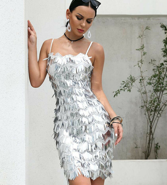 Slash Neck Off Shoulder Tassel Sequin Spaghetti Strap Empire Dresses Party Dress