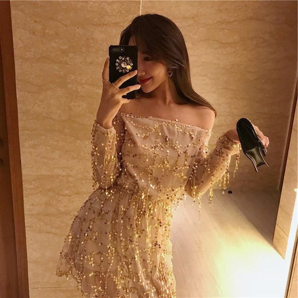 Women Apricot Off Shoulder Slash Neck Long Sleeve Sequins Sequined Tassels Dress
