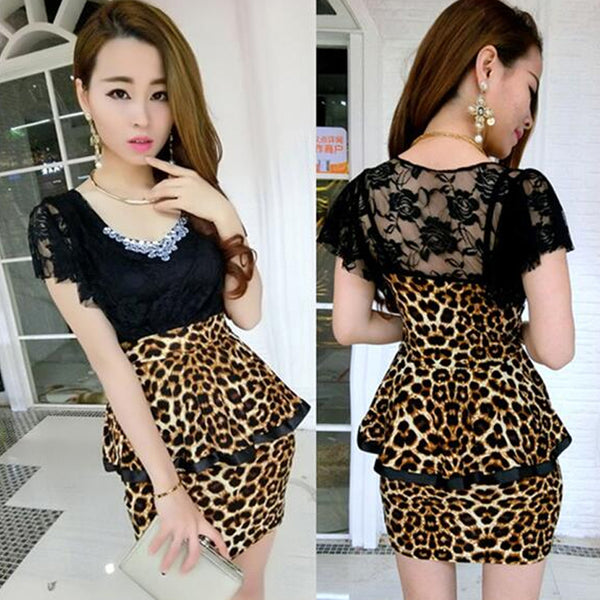 Korean Type Casual Short Sleeve Fashion Slim Dress Leopard Lace Strapless Halter