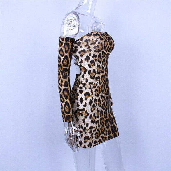 Sexy Women Leopard printed bodycon strapless backless bandage Night Party Dress
