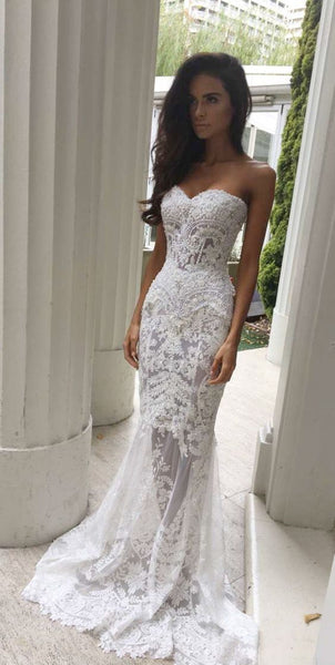 Women Elegant White Lace Strapless Mermaid Long Ball Gown Prom Proms Party Dress