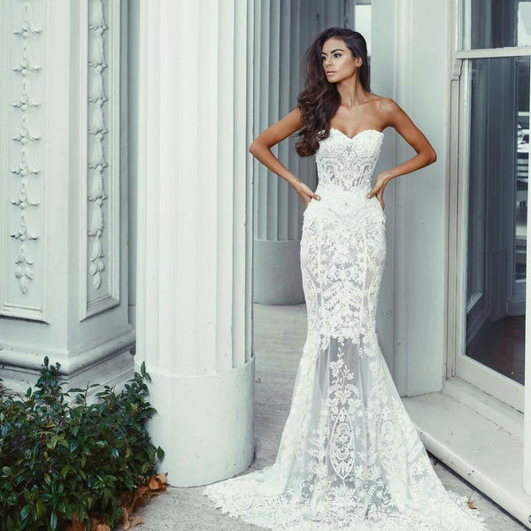 Women Elegant White Lace Strapless Mermaid Long Ball Gown Prom Proms Party Dress