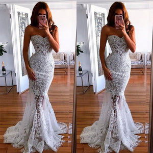 Women Elegant White Lace Strapless Mermaid Long Ball Gown Prom Proms Party Dress