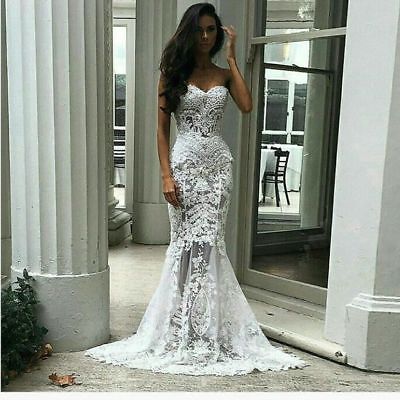 Women Elegant White Lace Strapless Mermaid Long Ball Gown Prom Proms Party Dress