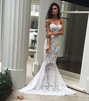 Women Elegant White Lace Strapless Mermaid Long Ball Gown Prom Proms Party Dress