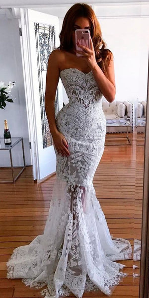 Women Elegant White Lace Strapless Mermaid Long Ball Gown Prom Proms Party Dress