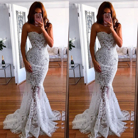 Women Elegant White Lace Strapless Mermaid Long Ball Gown Prom Proms Party Dress