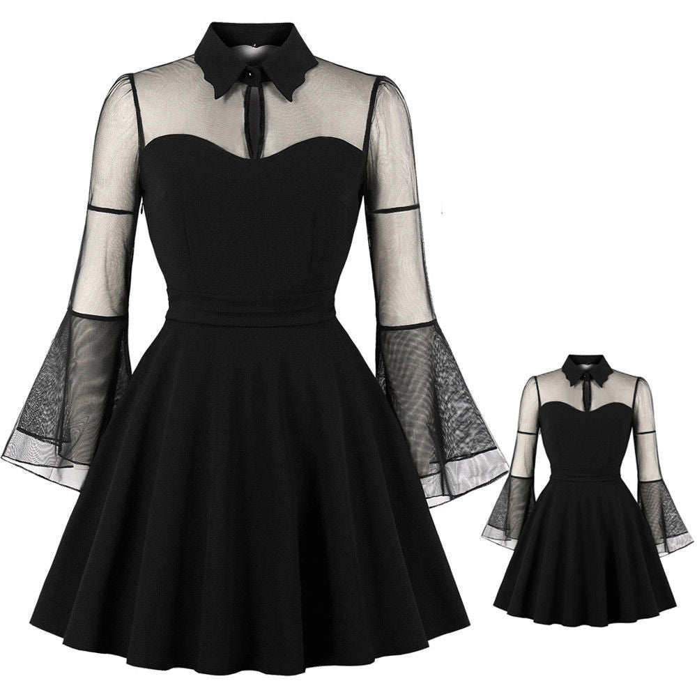 Lace Shoulder Plain Sheer Long Sleeve Flared Swing Midi Skater Dress Plus Size