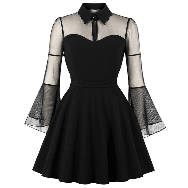 Lace Shoulder Plain Sheer Long Sleeve Flared Swing Midi Skater Dress Plus Size