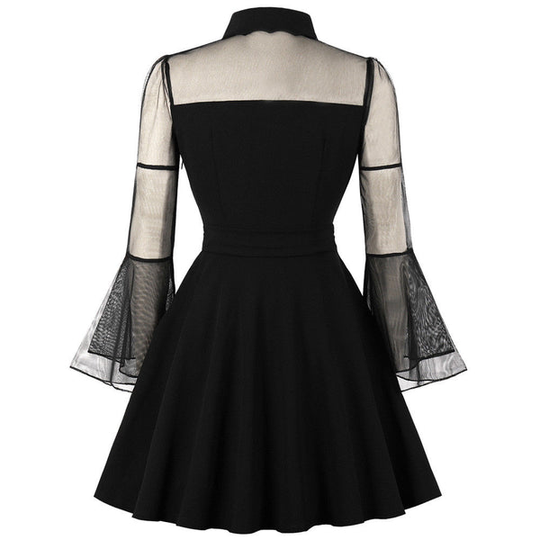 Lace Shoulder Plain Sheer Long Sleeve Flared Swing Midi Skater Dress Plus Size