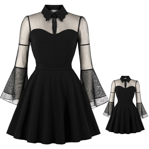 Lace Shoulder Plain Sheer Long Sleeve Flared Swing Midi Skater Dress Plus Size
