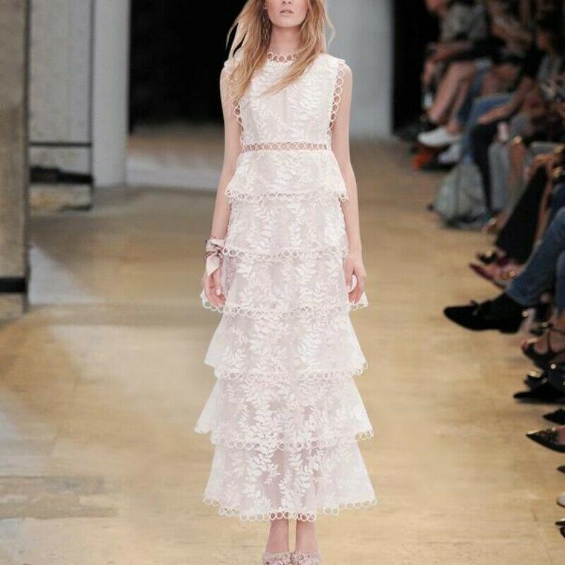 Summer White Sleeveless Lace Crew Neck Slim Fit Runway Long Cake A Line Dress
