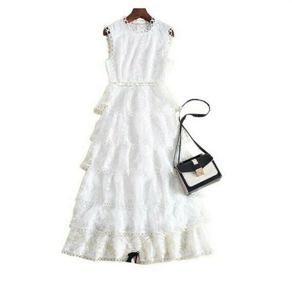 Summer White Sleeveless Lace Crew Neck Slim Fit Runway Long Cake A Line Dress
