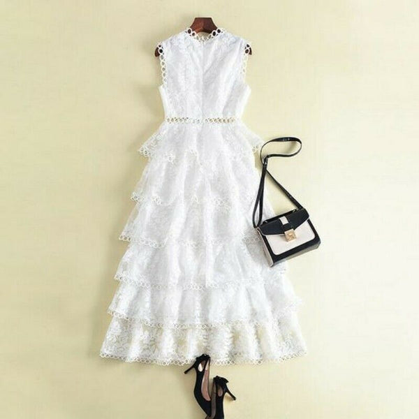 Summer White Sleeveless Lace Crew Neck Slim Fit Runway Long Cake A Line Dress