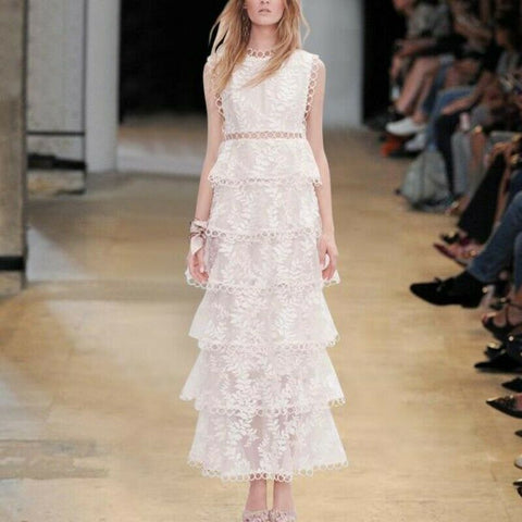 Summer White Sleeveless Lace Crew Neck Slim Fit Runway Long Cake A Line Dress