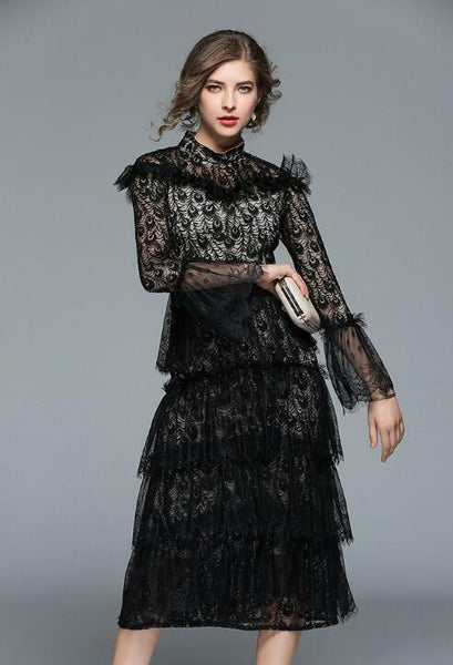 Western Runway Women Black Lace Cake Dress Long Sleeve Sexy Clubwear Casual Wear