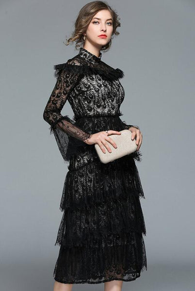 Western Runway Women Black Lace Cake Dress Long Sleeve Sexy Clubwear Casual Wear
