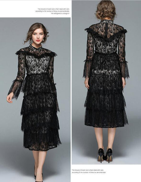 Western Runway Women Black Lace Cake Dress Long Sleeve Sexy Clubwear Casual Wear