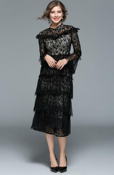 Western Runway Women Black Lace Cake Dress Long Sleeve Sexy Clubwear Casual Wear