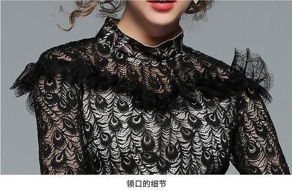 Western Runway Women Black Lace Cake Dress Long Sleeve Sexy Clubwear Casual Wear