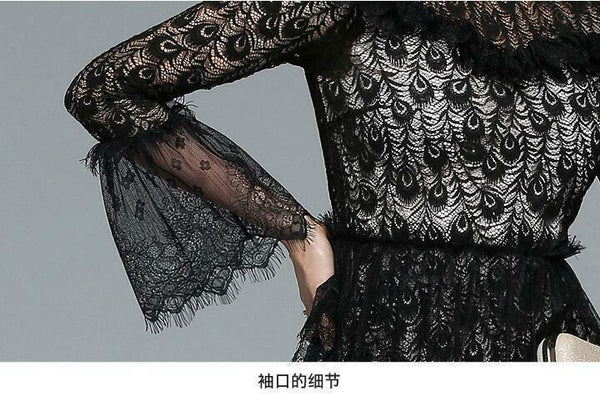 Western Runway Women Black Lace Cake Dress Long Sleeve Sexy Clubwear Casual Wear