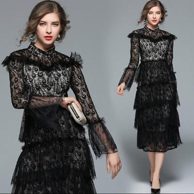 Western Runway Women Black Lace Cake Dress Long Sleeve Sexy Clubwear Casual Wear