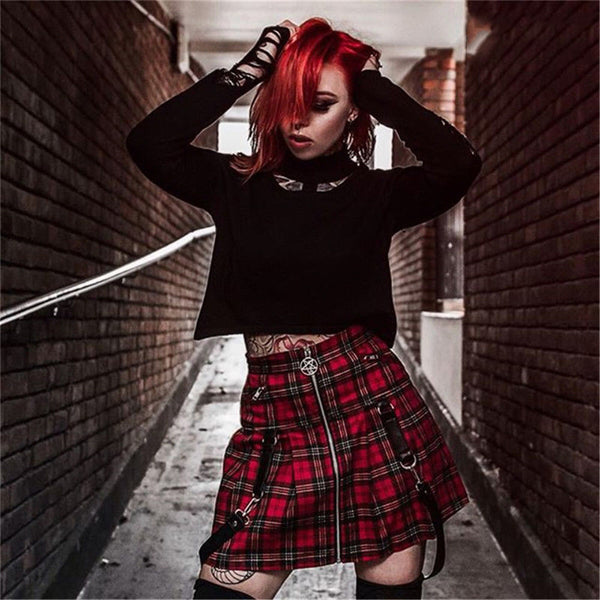 Girl Ladies Mini Skirt Red Plaid Skirts High Waist Ruffle Pleated Short Dress
