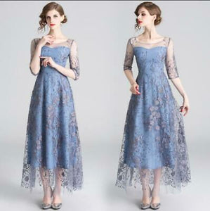 New Banquet Elegant Temperament Long Mesh Gauze Embroidered Dress