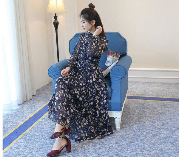 Elegant Long Sleeve Korean Fashion Floral Maxi Long Casual Blue Chiffon Dress