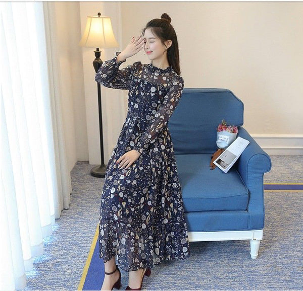 Elegant Long Sleeve Korean Fashion Floral Maxi Long Casual Blue Chiffon Dress