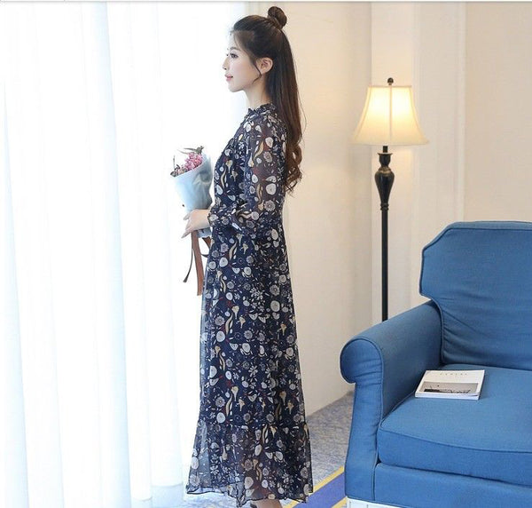 Elegant Long Sleeve Korean Fashion Floral Maxi Long Casual Blue Chiffon Dress