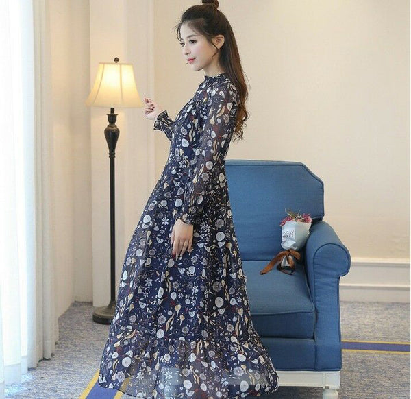Elegant Long Sleeve Korean Fashion Floral Maxi Long Casual Blue Chiffon Dress
