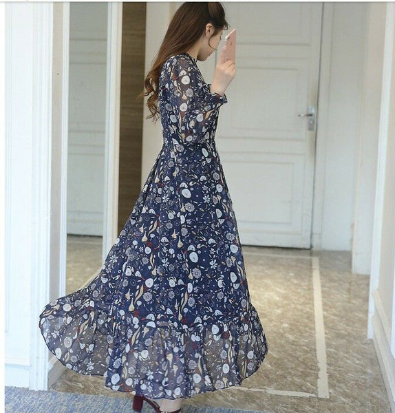 Elegant Long Sleeve Korean Fashion Floral Maxi Long Casual Blue Chiffon Dress