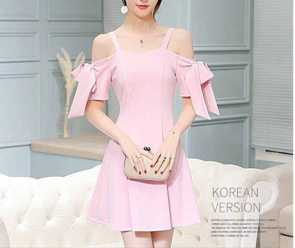 Elegant Off-Shoulder Korean Fashion A-line Short Sleeve Sexy Summer Strap Dress