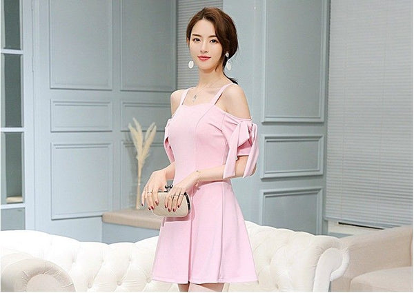 Elegant Off-Shoulder Korean Fashion A-line Short Sleeve Sexy Summer Strap Dress