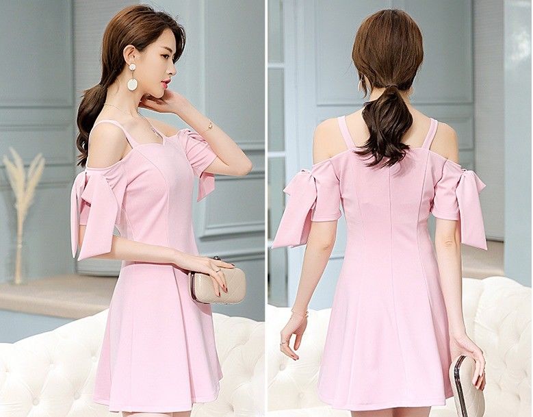Elegant Off-Shoulder Korean Fashion A-line Short Sleeve Sexy Summer Strap Dress