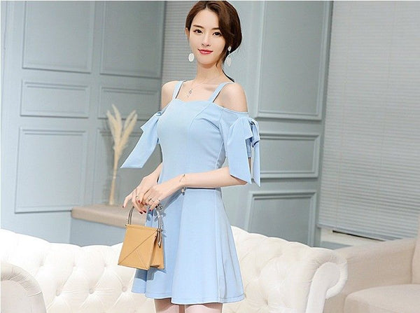 Elegant Off-Shoulder Korean Fashion A-line Short Sleeve Sexy Summer Strap Dress