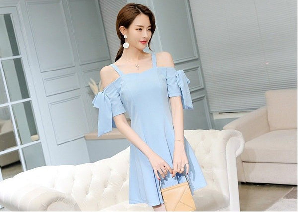 Elegant Off-Shoulder Korean Fashion A-line Short Sleeve Sexy Summer Strap Dress