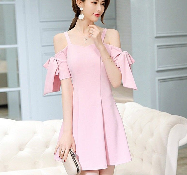 Elegant Off-Shoulder Korean Fashion A-line Short Sleeve Sexy Summer Strap Dress