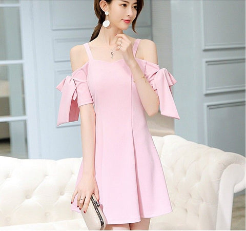 Elegant Off-Shoulder Korean Fashion A-line Short Sleeve Sexy Summer Strap Dress