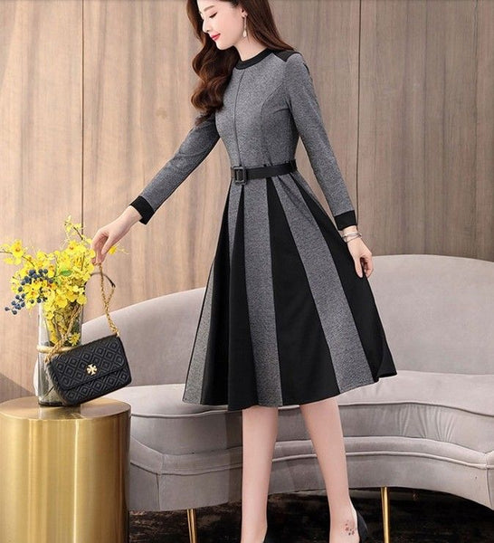 OL Elegant Long Sleeve Crew Neck A-line Color Block Winter Casual Wool Dress